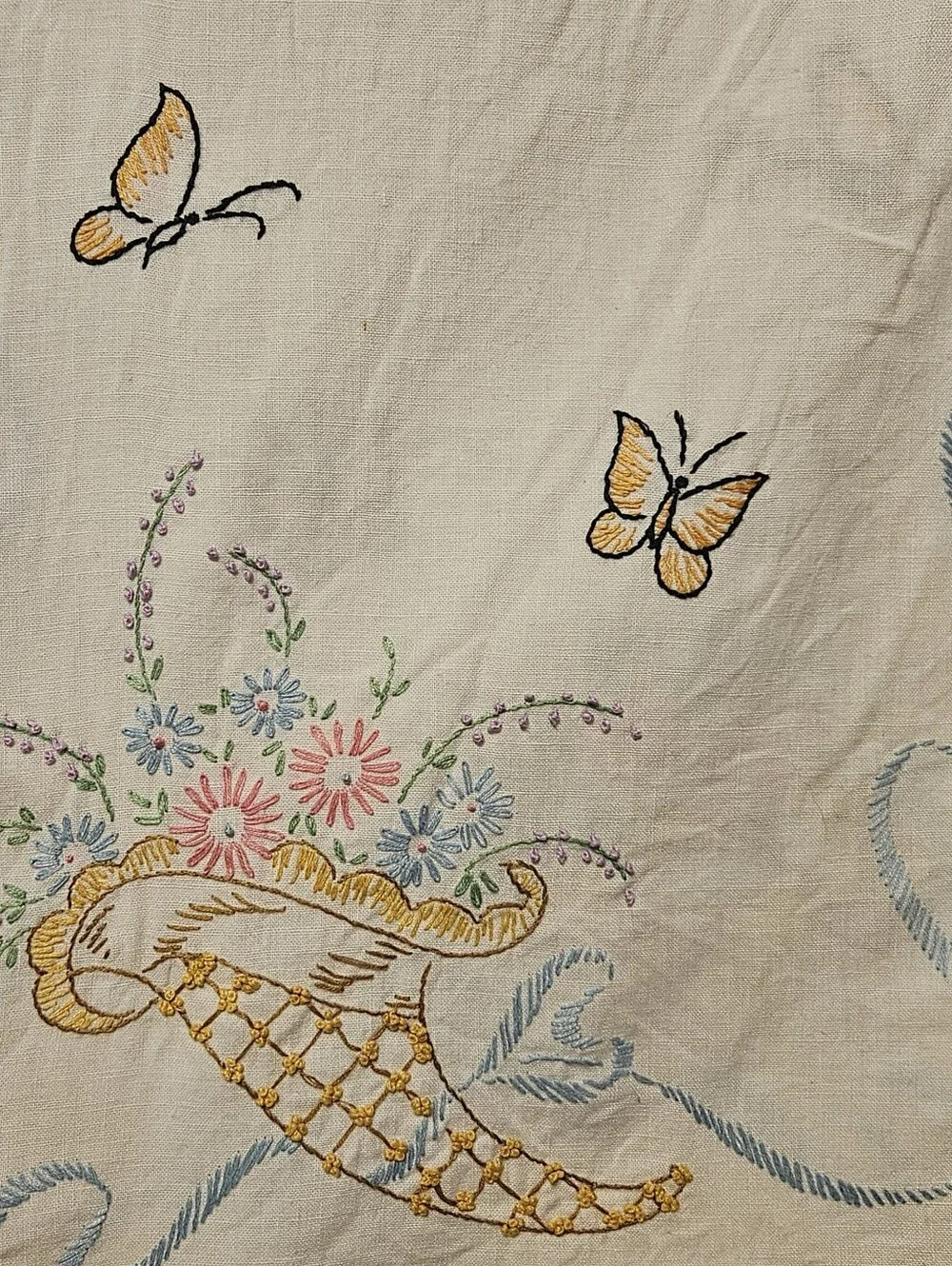 Vintage Embroidered Table Runner Cornucopia Butterflies Floral Blue Crochet Edge